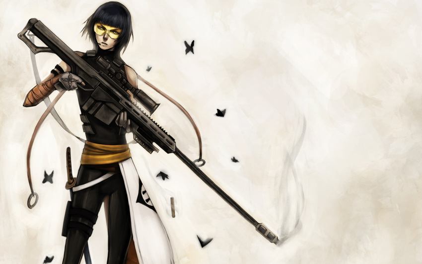 black_hair, bleach, butterfly, gloves, gun, microphone, ninjatic, short_hair