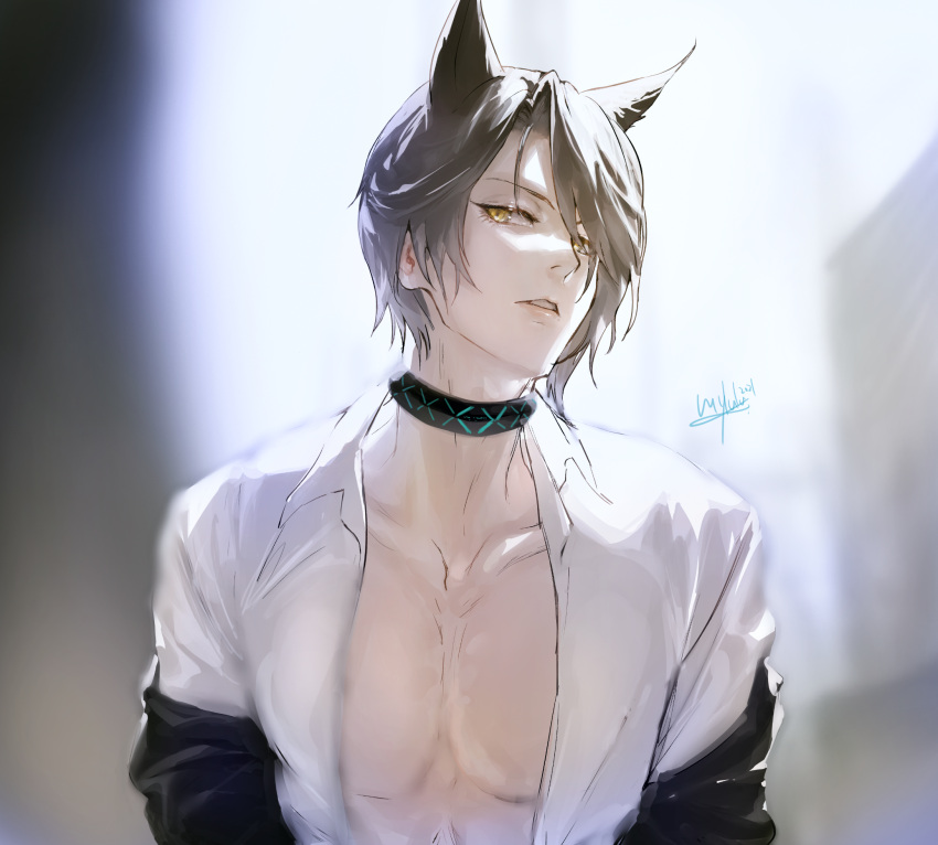 1boy, animal_ears, arknights, black_choker, cat_ears, choker, grey_hair, highres