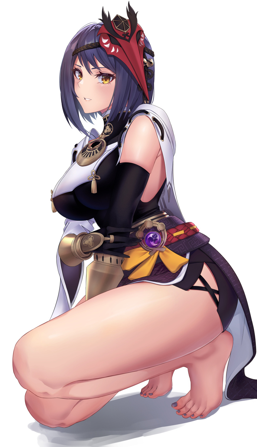1girl, absurdres, armor, bare_shoulders, barefoot, bird_mask, black_bodysuit, black_gloves, black_hair, bodysuit, breastplate, breasts, elbow_gloves, feet, full_body, genshin_impact, gloves, highres, klee08, kujou_sara, large_breasts, long_sleeves, mask, mask_on_head, nail_polish, revision, short_hair, simple_background, smile, solo, squatting, thighs, toenail_polish, toenails, toes, under_boob, vambraces, vision_(genshin_impact), white_background, wide_sleeves, yellow_eyes