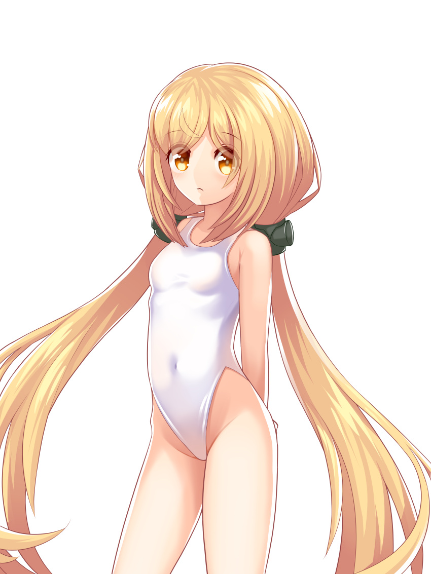 :<, absurdres, admiral_scheer_(warship_girls_r), alternate_costume, arms_behind_back, breasts, collarbone, hair_ornament, highres, long_hair, looking_at_viewer, low_twintails, navel, school_uniform, simple_background, sleeveless, small_breasts, twintails, warship_girls_r, white_background, yellow_eyes
