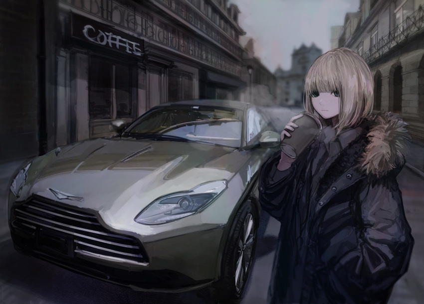1girl, aston_martin, aston_martin_db11, bangs, black_jacket, blonde_hair, blurry, bob_cut