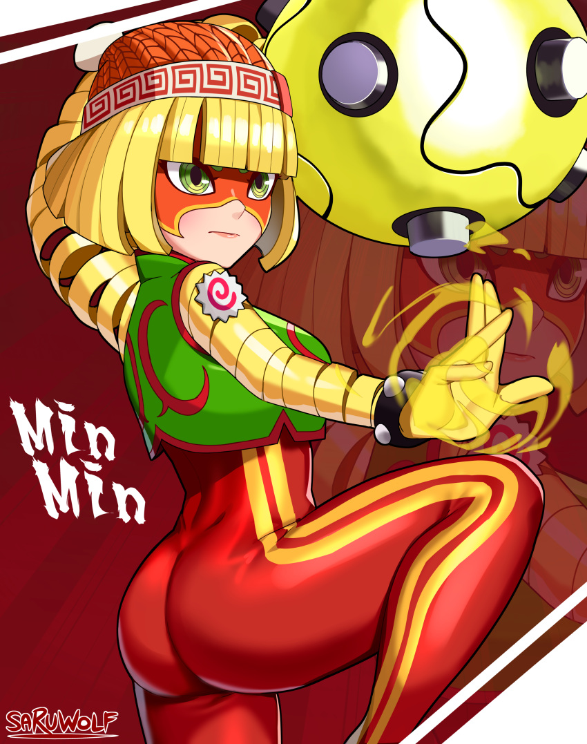 1girl, absurdres, arms_(game), artist_name, ass, bangs, beanie, blonde_hair