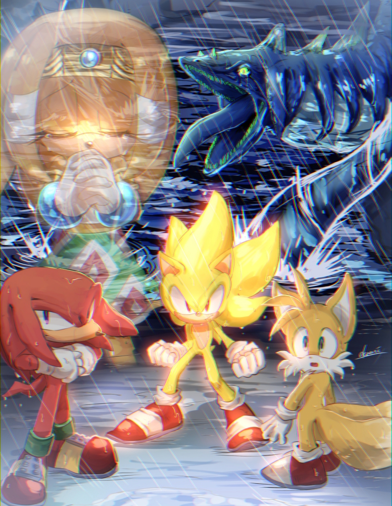 1girl, 3boys, :o, animal_nose, blue_eyes, chaos_(sonic), clenched_hands, flood