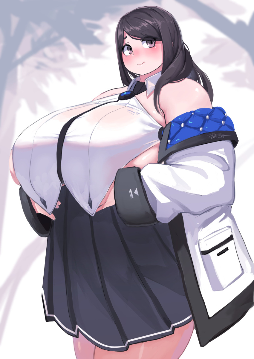 1girl, absurdres, bare_shoulders, black_skirt, blurry, blurry_background, blush, breasts, brown_hair, character_request, closed_mouth, copyright_request, cowboy_shot, dot_nose, hair_over_shoulder, highres, long_sleeves, looking_at_viewer, looking_to_the_side, medium_hair, off_shoulder, pleated_skirt, pocket, skirt, solo, tajyador, tareme, thick_thighs, thighs, wing_collar
