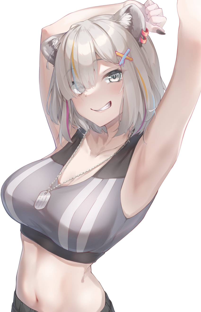 1girl, absurdres, animal_ears, armpits, arms_behind_head, bangs, breasts, collarbone