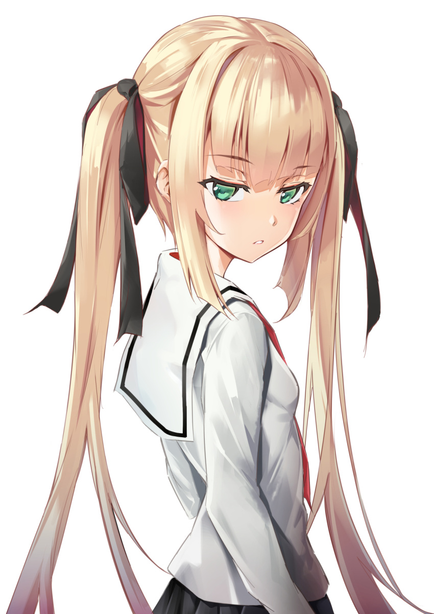 1girl, bangs, bitterpain, black_skirt, blonde_hair, blunt_bangs, bow, eyebrows_visible_through_hair