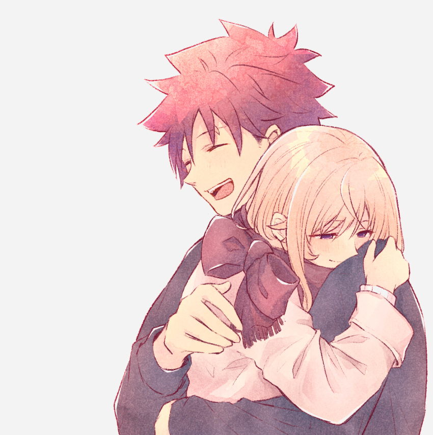 1boy, 1girl, blonde_hair, closed_eyes, eyebrows_visible_through_hair, hair_between_eyes, hair_ornament, hairclip