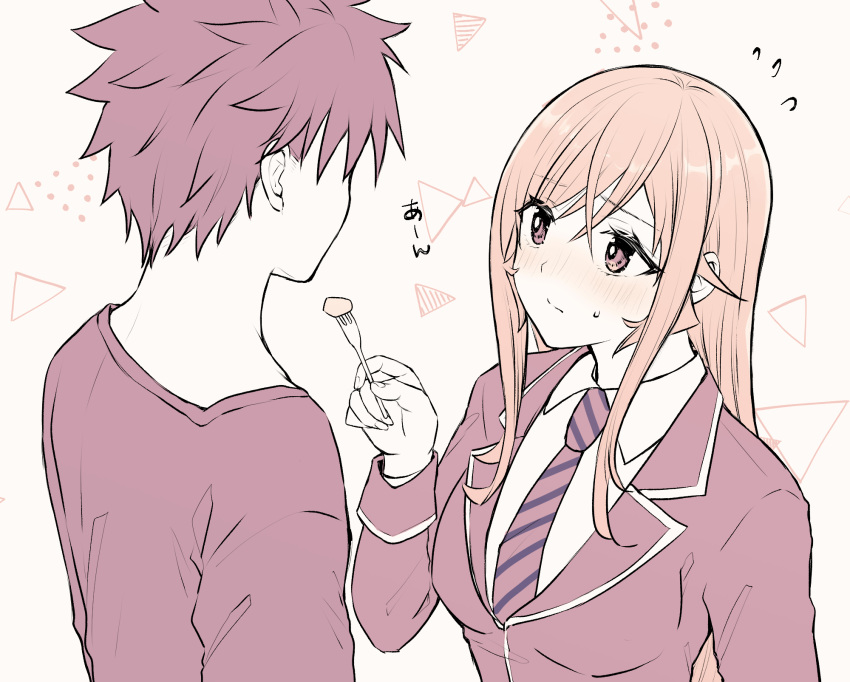 1boy, 1girl, blonde_hair, blue_shirt, eyebrows_visible_through_hair, feeding, hair_ornament, hairclip