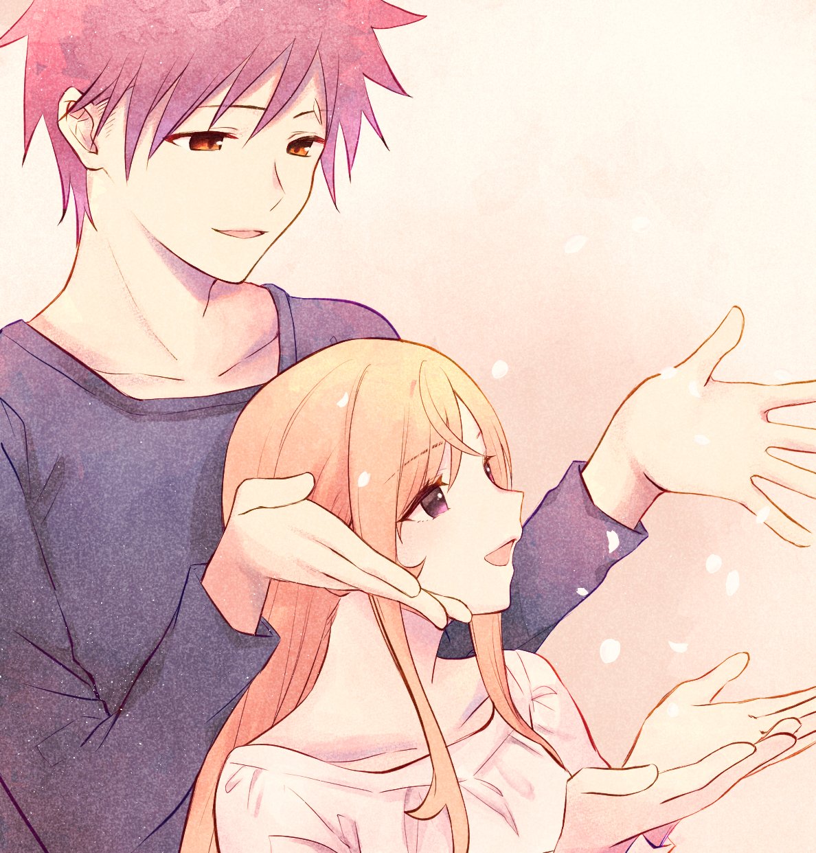 1boy, 1girl, blonde_hair, blue_shirt, collarbone, eyebrows_visible_through_hair, hair_ornament, hairclip