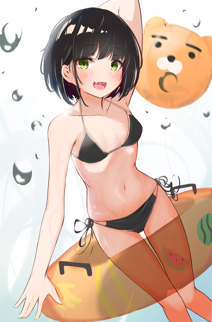 1girl, absurdres, ball, beachball, bikini, black_bikini, black_hair, breasts