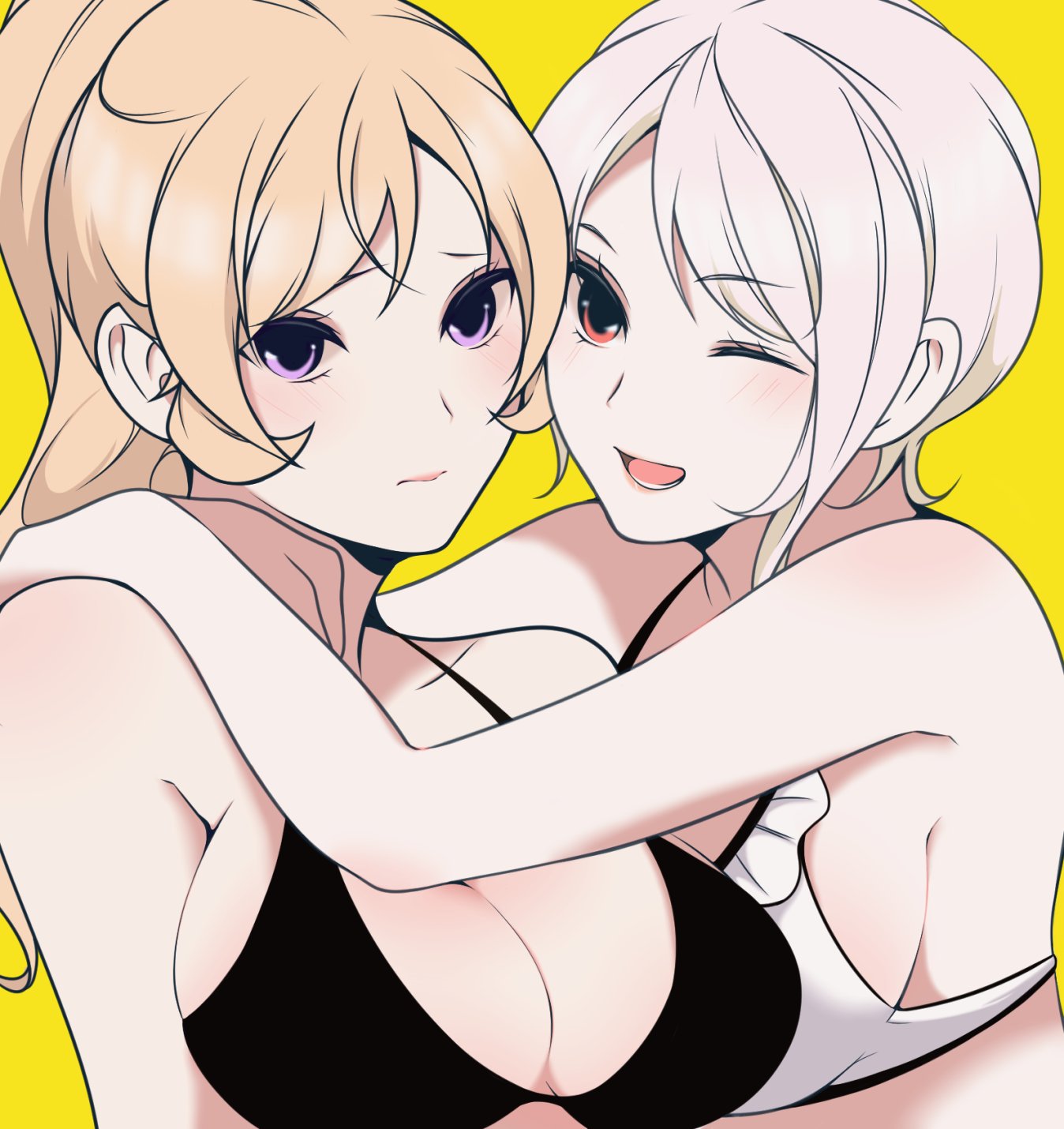 2girls, black_bra, blonde_hair, blush, bra, breasts, embarrassed, eyebrows_visible_through_hair