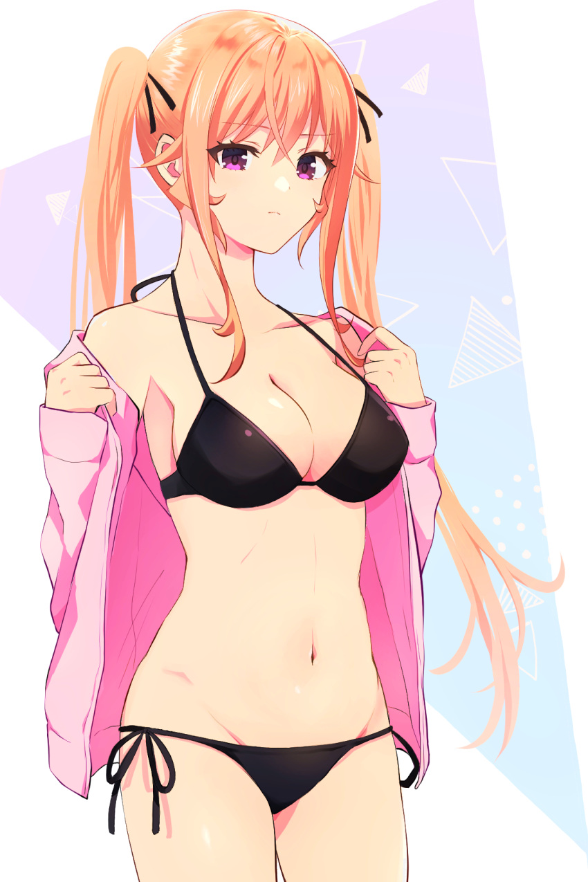 1girl, bikini, black_bikini, black_panties, blonde_hair, breasts, collarbone, eyebrows_visible_through_hair, groin, highres, large_breasts, looking_at_viewer, nakiri_erina, panties, pink_eyes, pink_vest, shokugeki_no_souma, solo, ssr_ng, swimsuit, twintails, underwear, undressing, vest