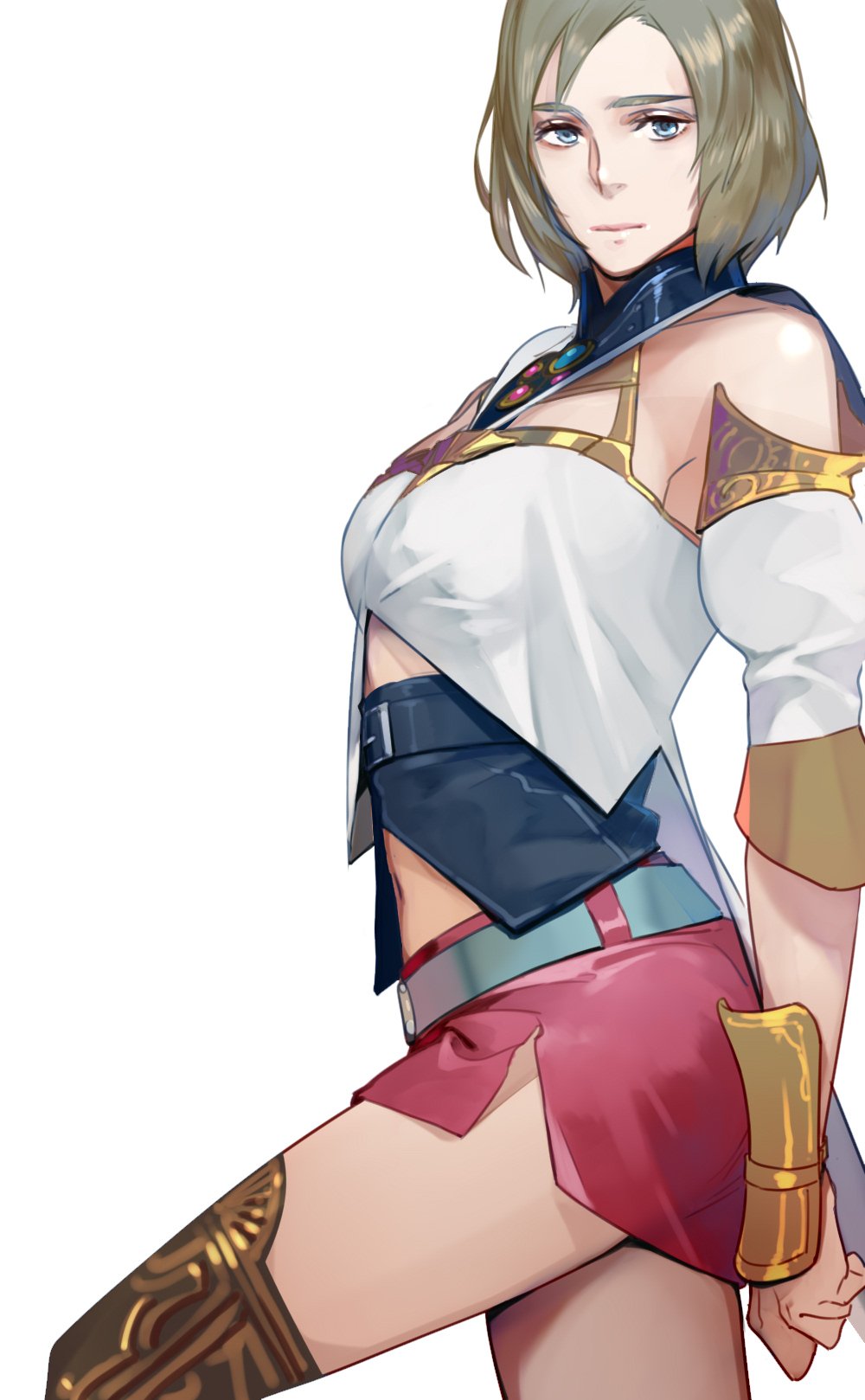 1girl, armor, ashelia_b'nargin_dalmasca, belt, blue_eyes, breasts, brown_hair, closed_mouth, final_fantasy, final_fantasy_xii, highres, looking_at_viewer, miniskirt, navel, nini_tw99, short_hair, simple_background, skirt, solo, thigh-highs, white_background