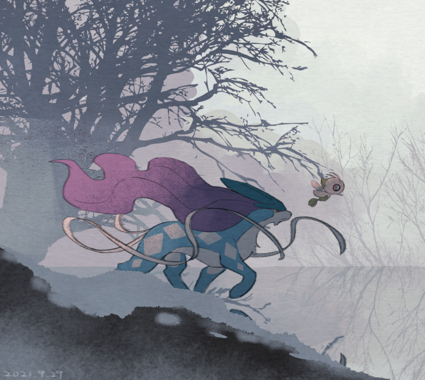 bare_tree, blue_eyes, bright_pupils, celebi, closed_mouth, commentary_request, dated, flying