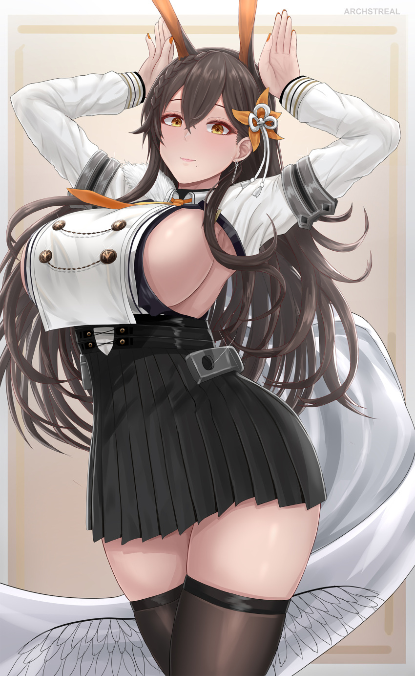 1girl, absurdres, animal_ears, archstreal, arms_up, azur_lane, bangs, black_hair