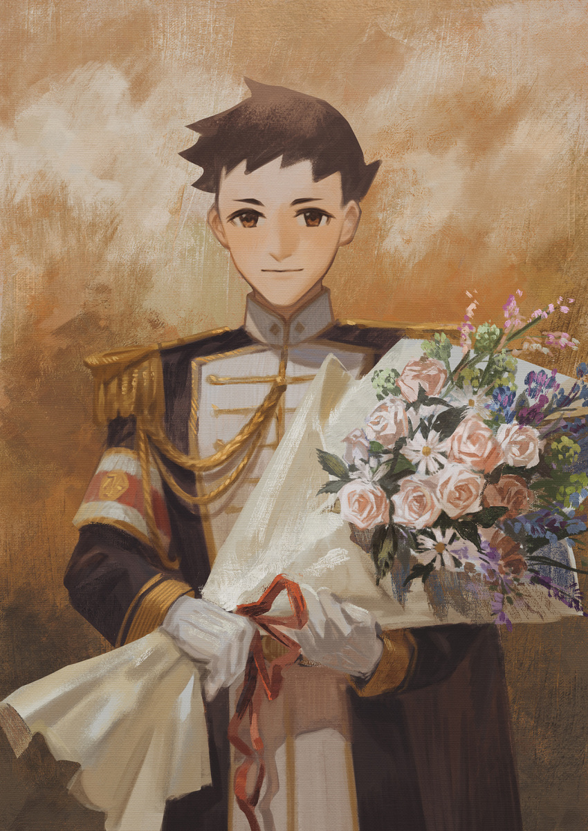 1boy, armband, black_cape, black_hair, black_jacket, bouquet, brown_eyes, cape