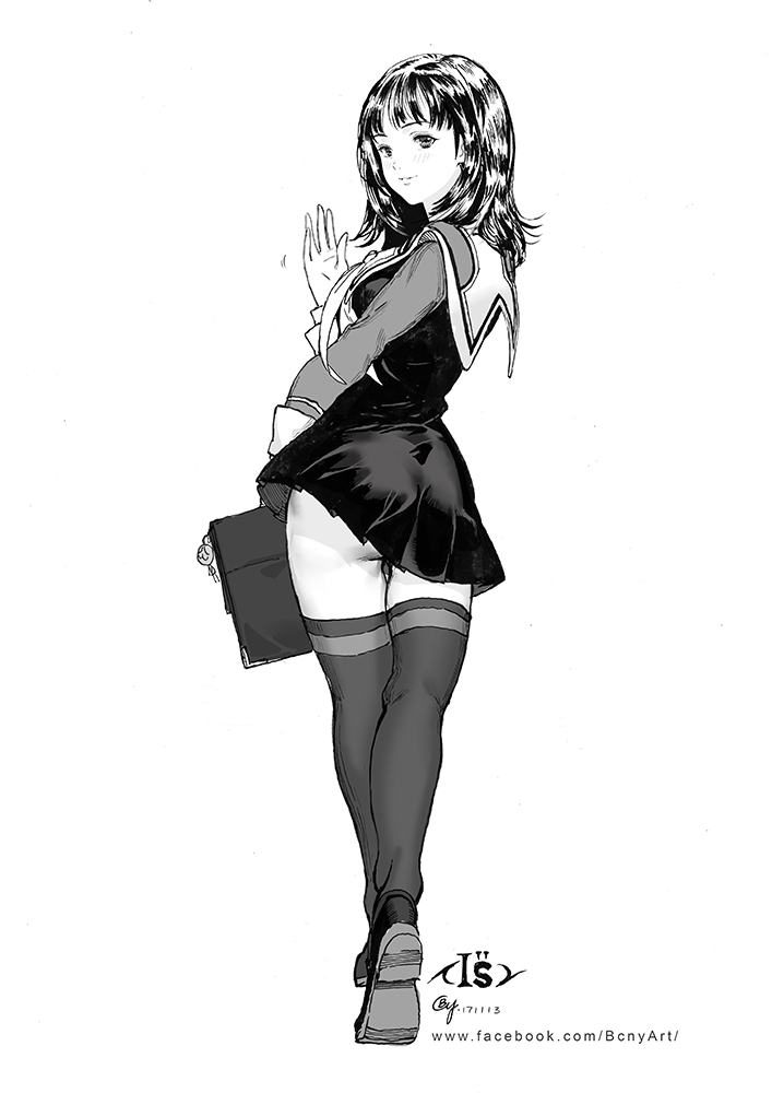1girl, artist_name, ass, b.c.n.y., bag, bangs, blush, breasts