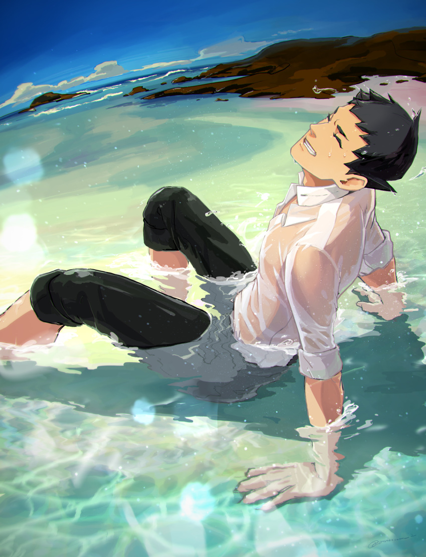 1boy, ayu161, black_hair, black_pants, closed_eyes, collared_shirt, dai_gyakuten_saiban, day