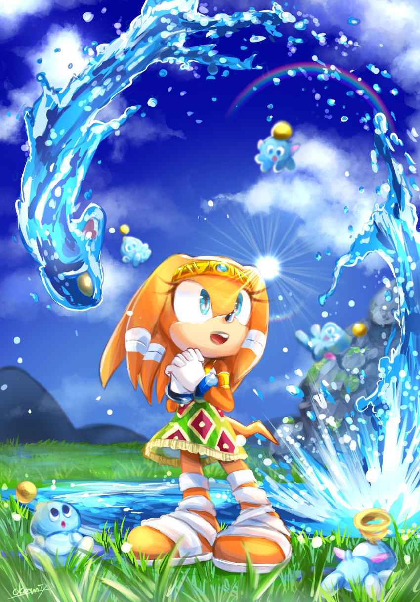 1girl, bandages, blue_eyes, blue_sky, chao_(sonic), chaos_(sonic), clouds, furry