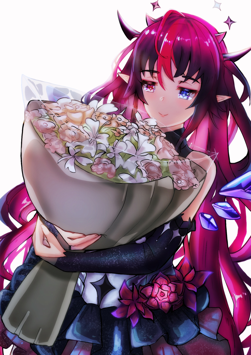 1girl, absurdres, bare_shoulders, blue_eyes, bouquet, crystal, flower, fluffyebi01