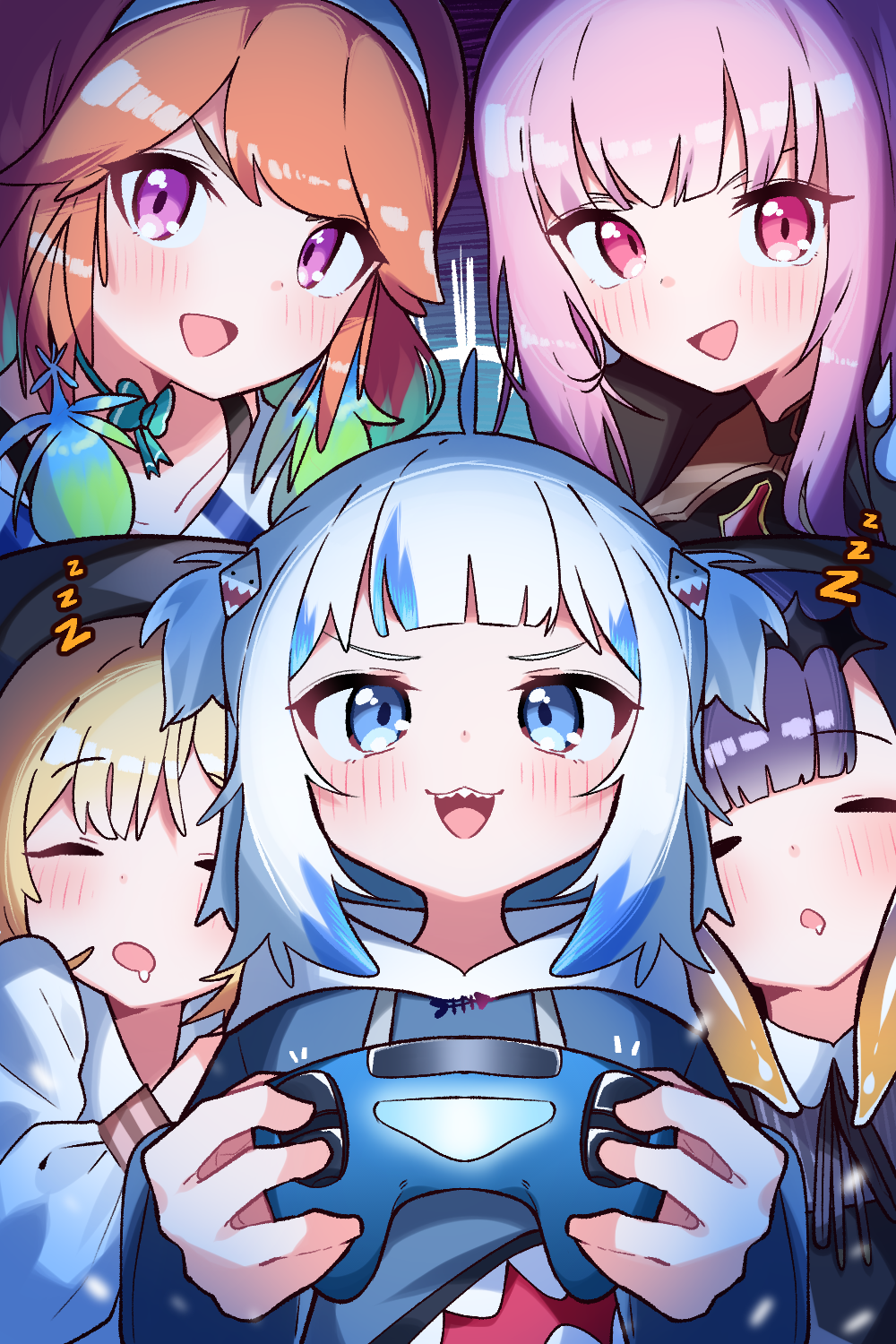 5girls, :d, bangs, beret, black_dress, black_headwear, blonde_hair, blue_eyes