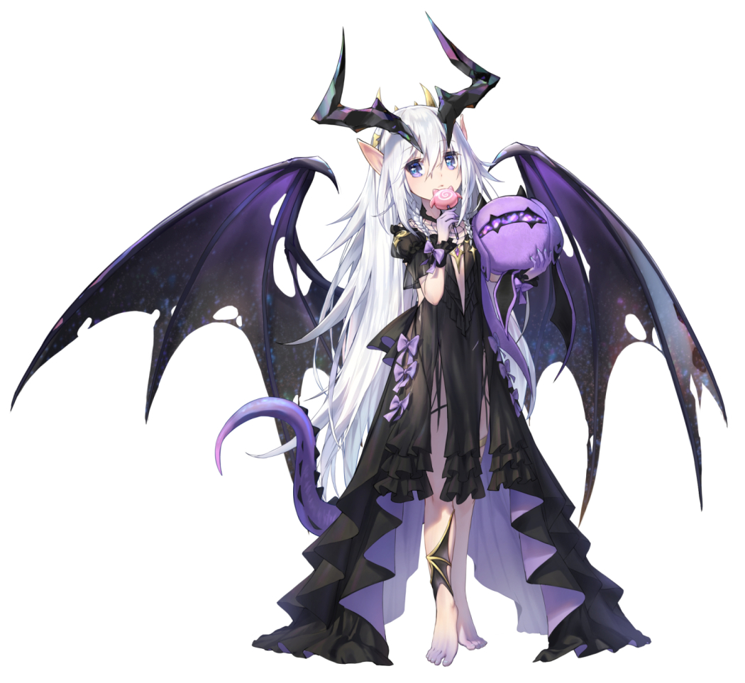 1girl, bangs, barefoot, black_dress, blue_eyes, candy, clover_theater, commentary_request, creature, dragon_girl, dragon_horns, dragon_tail, dress, fafnir_(clover_theater), food, full_body, holding, holding_creature, holding_food, horns, lollipop, long_dress, long_hair, looking_at_viewer, observerz, official_art, pointy_ears, short_sleeves, solo, standing, tail, transparent_background, very_long_hair, white_hair, wrist_cuffs
