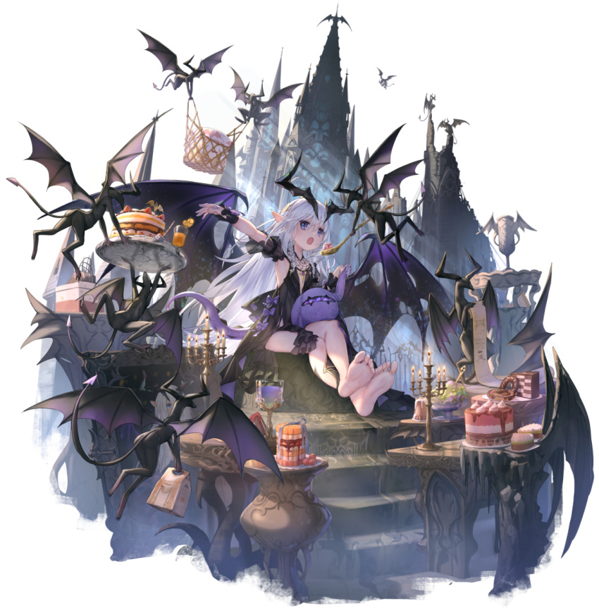 1girl, :o, bangs, barefoot, black_dress, blue_eyes, cake, candle, candlestand, castle, clover_theater, commentary_request, creature, creature_on_lap, cup, demon, dragon_girl, dragon_horns, dragon_tail, dress, fafnir_(clover_theater), feet, food, full_body, highres, horns, long_dress, long_hair, looking_at_viewer, observerz, official_art, plate, pointy_ears, short_sleeves, sitting, soles, solo, tail, toes, transparent_background, tray, very_long_hair, white_hair, wrist_cuffs