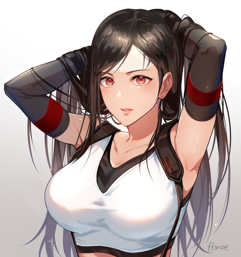 1girl, adjusting_hair, armpits, arms_up, black_gloves, black_hair, black_sports_bra, blush