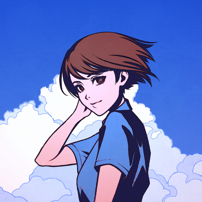 adjusting_hair, blue_shirt, blue_sky, breasts, brown_eyes, brown_hair, clouds, eyelashes