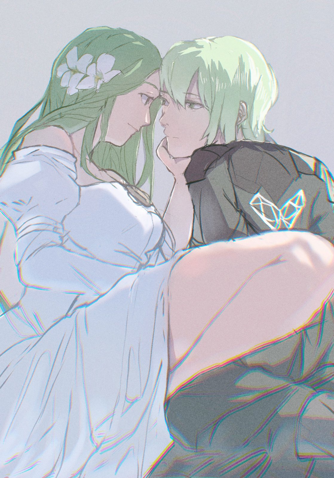 1boy, 1girl, byleth_(fire_emblem), byleth_eisner_(male), closed_mouth, couple, dress, face-to-face, fire_emblem, fire_emblem:_three_houses, flower, forehead-to-forehead, green_eyes, green_hair, hair_flower, hair_ornament, heads_together, hetero, highres, leg_up, rhea_(fire_emblem), smile, stroking_cheek, tobeflog, white_dress