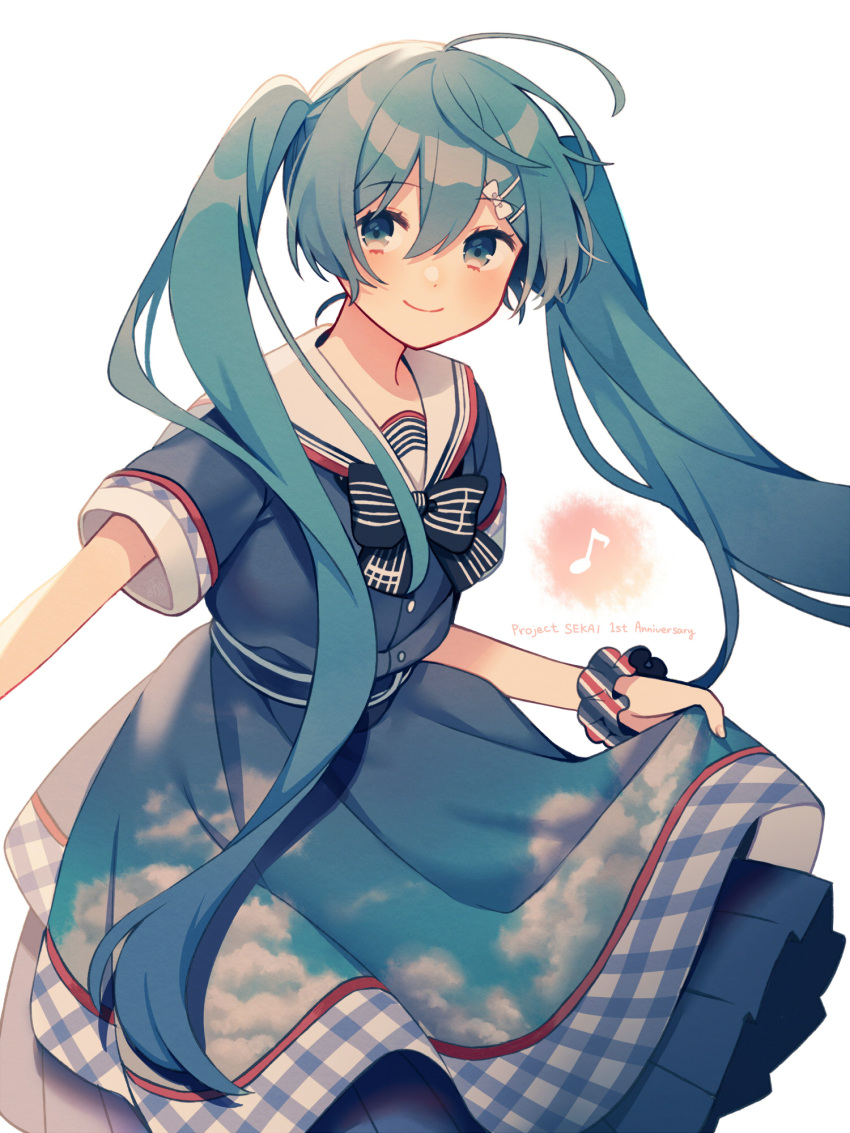 1girl, ahoge, aqua_eyes, aqua_hair, bangs, blue_dress, blue_skirt, checkered_trim