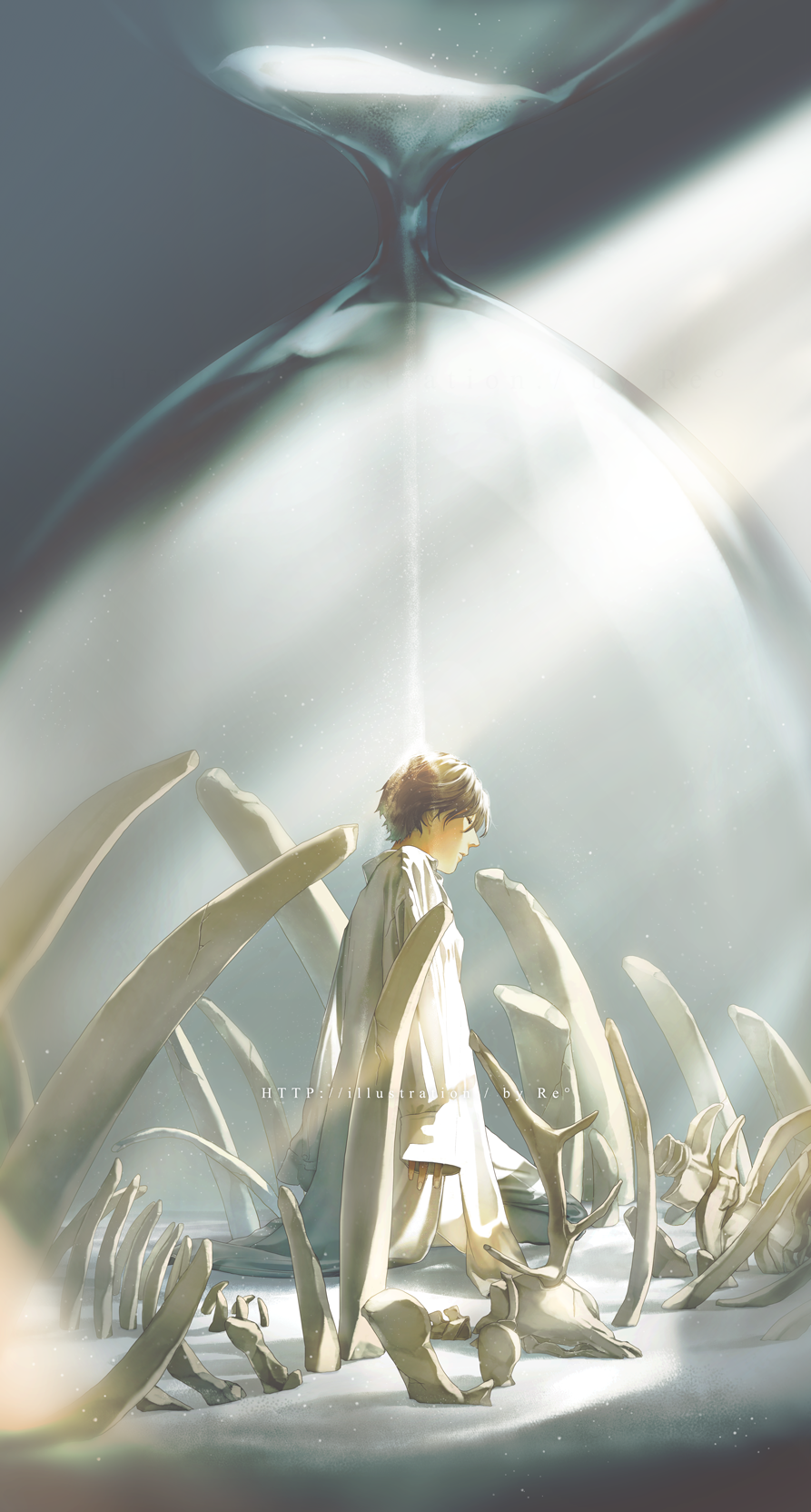 1boy, animal_skull, arms_at_sides, bangs, bone, brown_hair, closed_eyes, closed_mouth