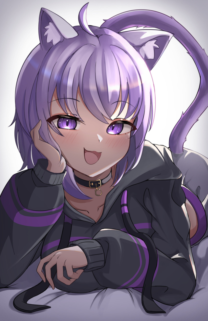 1girl, :d, absurdres, animal_ears, arm_support, blush, cat_ears, cat_girl