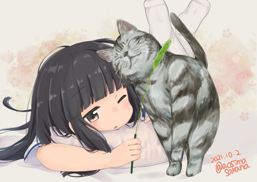 1girl, animal, aoshima_sakana, bangs, black_hair, blunt_bangs, blush, cat