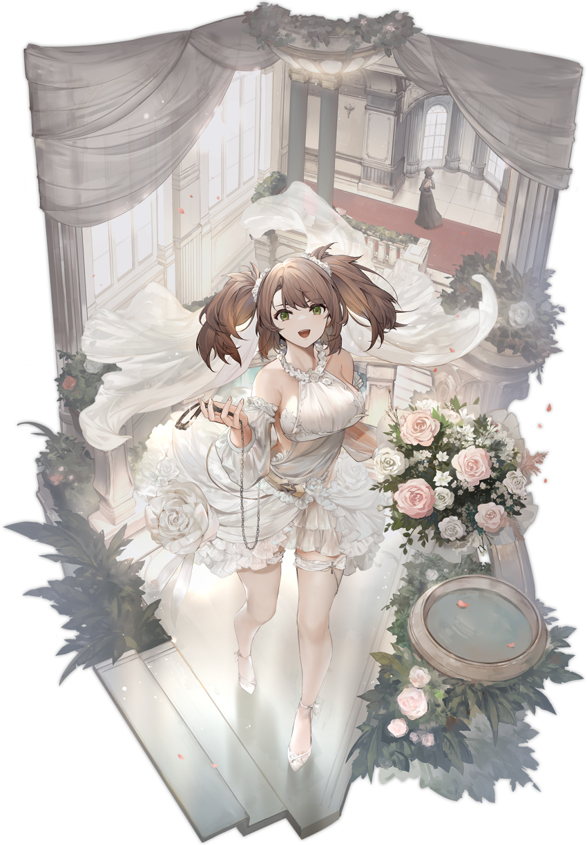 1girl, azur_lane, blush, bouquet, breasts, brown_hair, detached_sleeves, dress