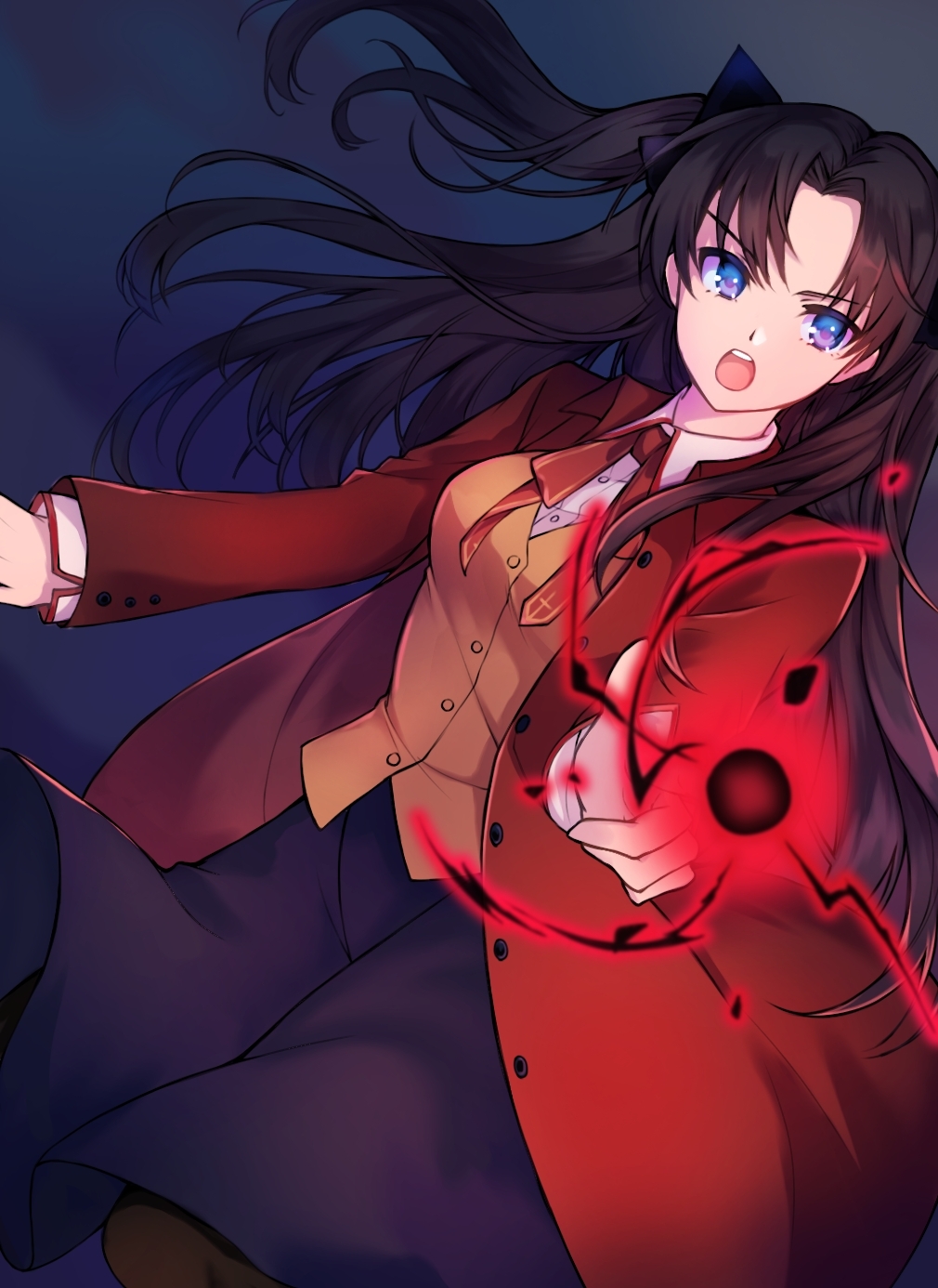 1girl, bangs, beige_vest, black_hair, black_skirt, blue_eyes, collared_shirt, fate/stay_night, fate_(series), gandr, hair_ribbon, highres, homurahara_academy_uniform, incoming_attack, jacket, long_hair, long_sleeves, maru_(pixiv51714255), neck_ribbon, open_mouth, red_jacket, red_neckwear, red_ribbon, ribbon, shirt, skirt, solo, tohsaka_rin, two_side_up, upper_teeth, v-shaped_eyebrows, vest, yellow_vest