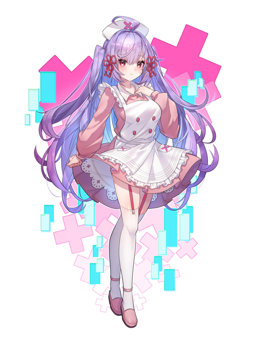 1girl, apron, bangs, blush, closed_mouth, dress, floating_hair, full_body
