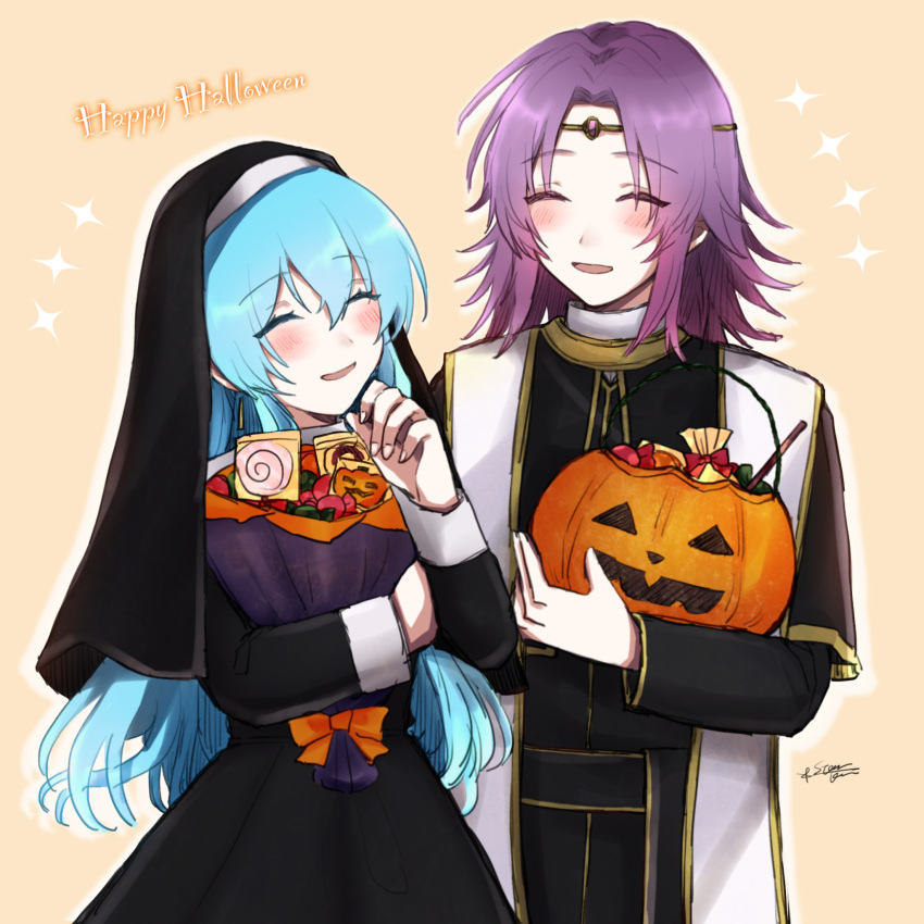 1boy, 1girl, ^_^, bangs, black_dress, blue_hair, blush, bow