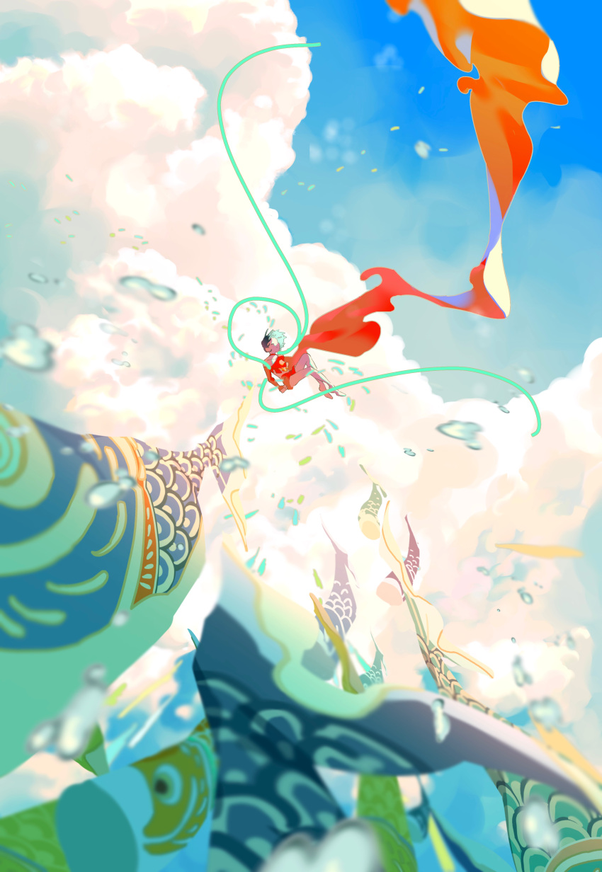 1girl, absurdres, bare_shoulders, barefoot, black_hair, blue_sky, blurry, breasts