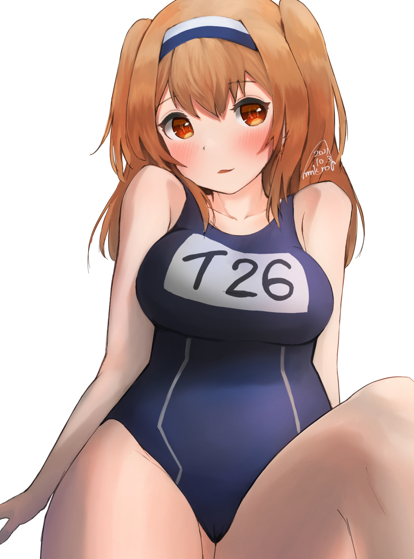 1girl, absurdres, blue_swimsuit, brown_eyes, cowboy_shot, dated, hairband, highres