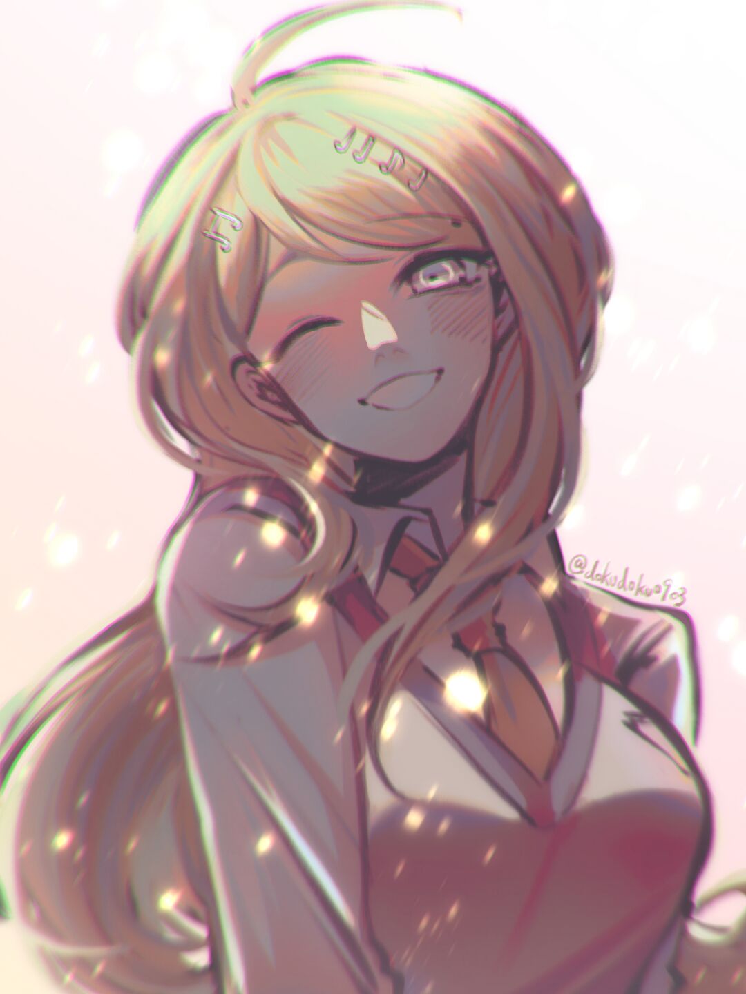 1girl, ahoge, akamatsu_kaede, bangs, blonde_hair, blurry, blush, breasts