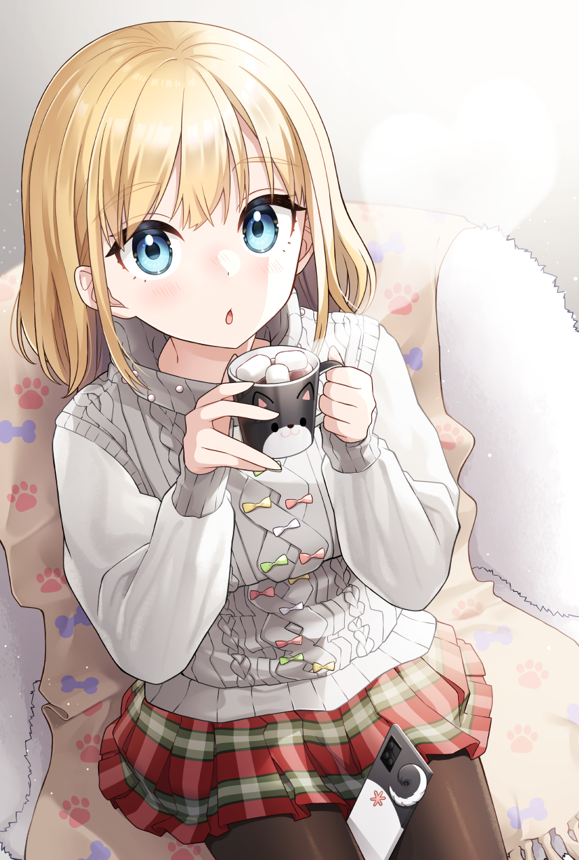 1girl, :o, blonde_hair, blue_eyes, blush, brown_legwear, cellphone, cup