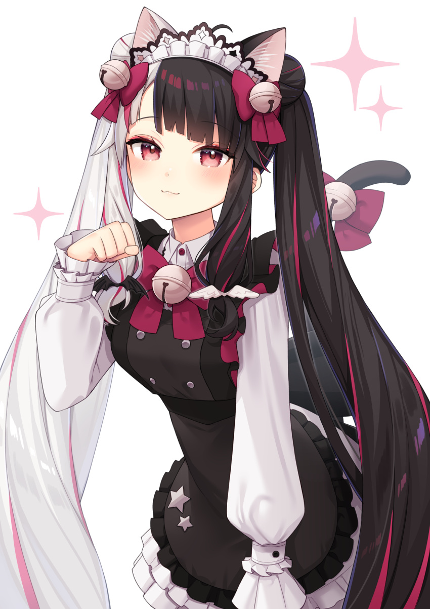 1girl, :3, absurdres, ahoge, apron, bangs, bell, black_apron