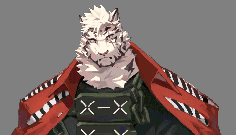 1boy, animal_ears, arknights, chain_necklace, furry, furry_male, jacket, jacket_on_shoulders, looking_at_viewer, male_focus, mountain_(arknights), official_alternate_costume, scar, scar_across_eye, short_hair, solo, tiger_boy, tiger_ears, upper_body, white_fur, white_hair, yed_(47241538)