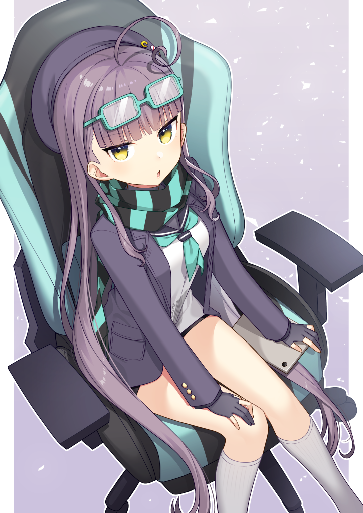 1girl, :o, ahoge, bangs, black_gloves, blue-framed_eyewear, blue_neckwear, blue_scarf