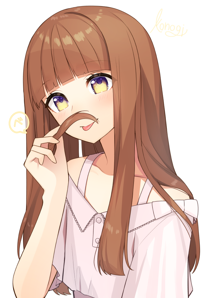 1girl, :p, bangs, blunt_bangs, blush, brown_hair, hair_mustache, head_tilt