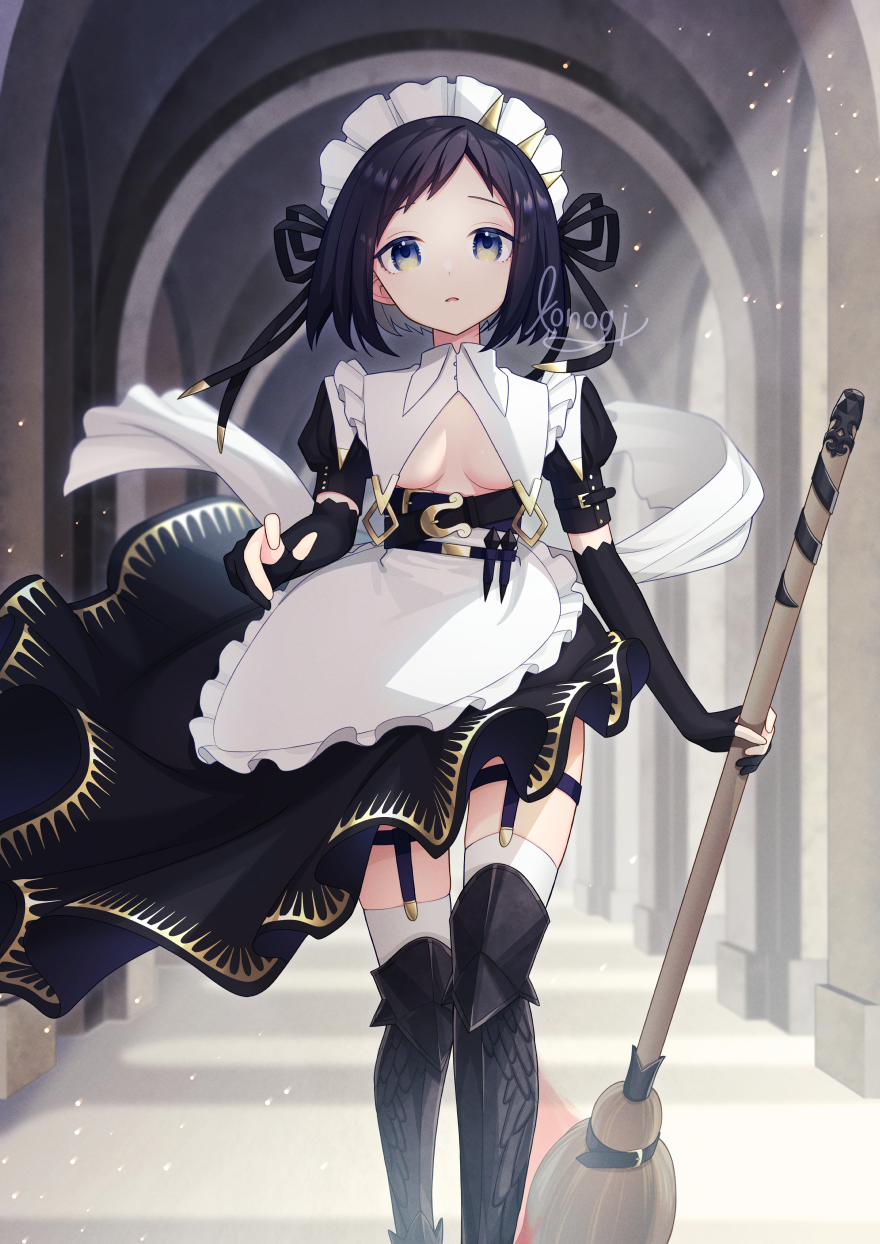 1girl, apron, black_dress, black_gloves, black_ribbon, breasts, broom, cowboy_shot, dress, elbow_gloves, gloves, hair_ribbon, hallway, highres, holding, holding_broom, konogi, looking_at_viewer, maid, maid_headdress, medium_hair, metal_boots, multicolored, multicolored_eyes, original, outstretched_hand, parted_lips, partially_fingerless_gloves, puffy_short_sleeves, puffy_sleeves, ribbon, short_sleeves, small_breasts, smile, solo, standing, thigh-highs, under_boob, violet_eyes, white_apron, white_legwear, yellow_eyes