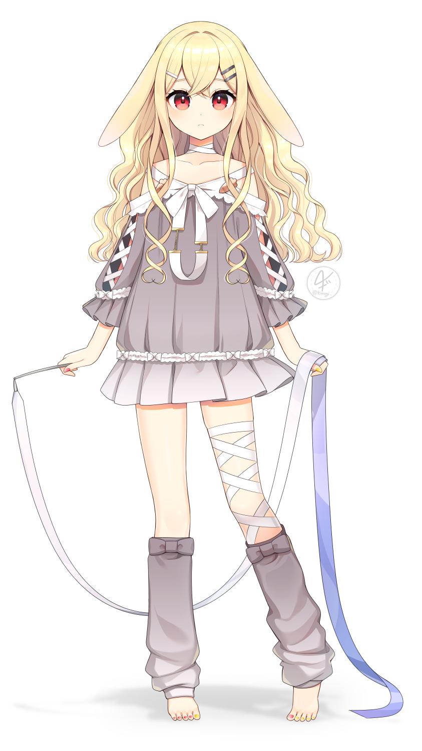 1girl, animal_ears, arm_warmers, blonde_hair, choker, closed_mouth, dot_nose, dress