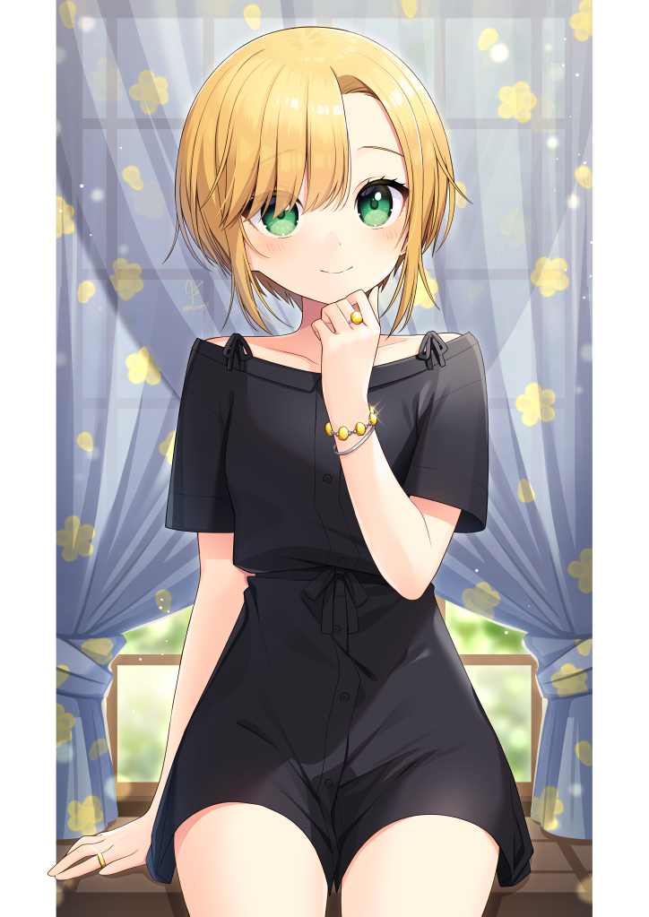 1girl, amber_(gemstone), black_shirt, black_shorts, blonde_hair, closed_mouth, curtains, glint