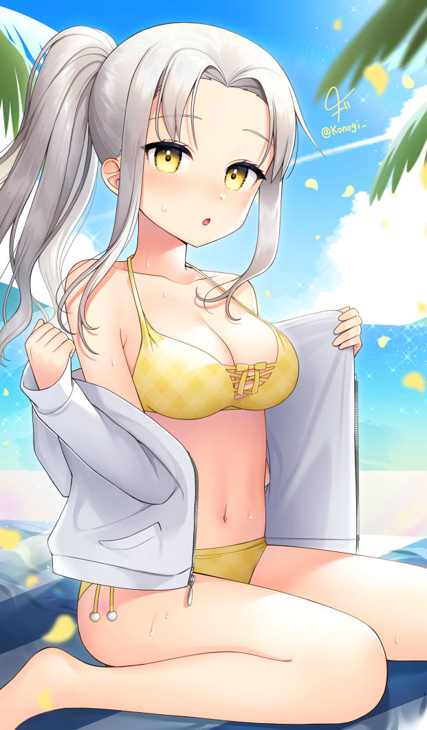 1girl, :o, bare_legs, barefoot, beach, bikini, blush, breasts, day, grey_hair, hood, hooded_jacket, jacket, konogi, large_breasts, looking_at_viewer, navel, ocean, open_clothes, open_jacket, original, outdoors, parted_lips, ponytail, sitting, solo, sweat, swimsuit, twitter_username, undressing, wariza, white_bikini, white_jacket, yellow_bikini, yellow_eyes